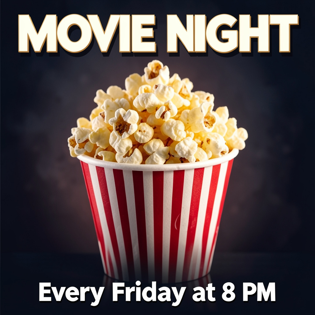 A movie night poster with a large popcorn image in the cente
