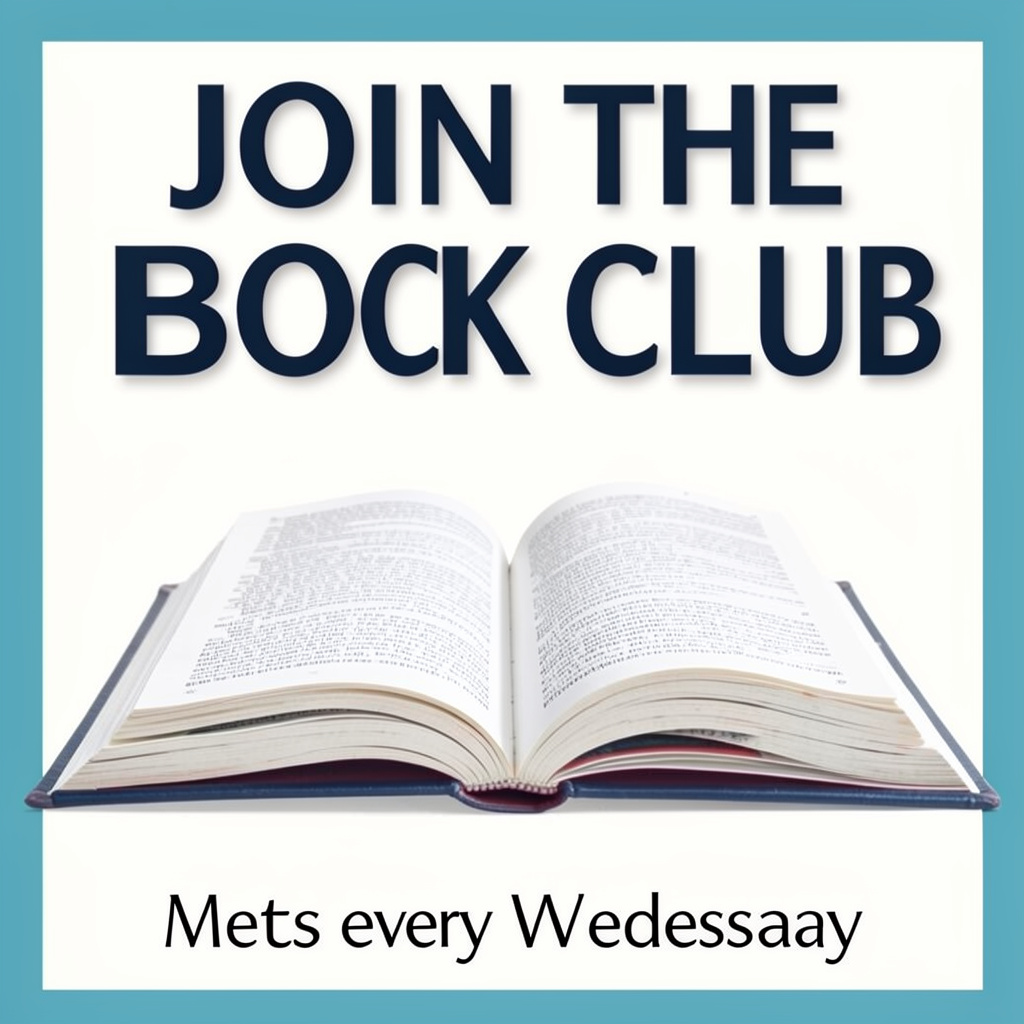 A book club poster with an open book illustration, the title