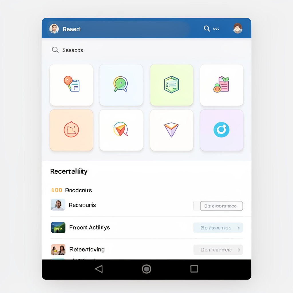 A mobile app UI mockup showing a dashboard with a top naviga