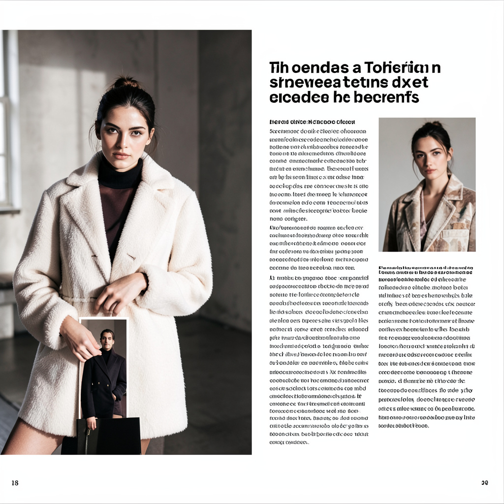 A fashion magazine spread with a full-bleed left-page photo,