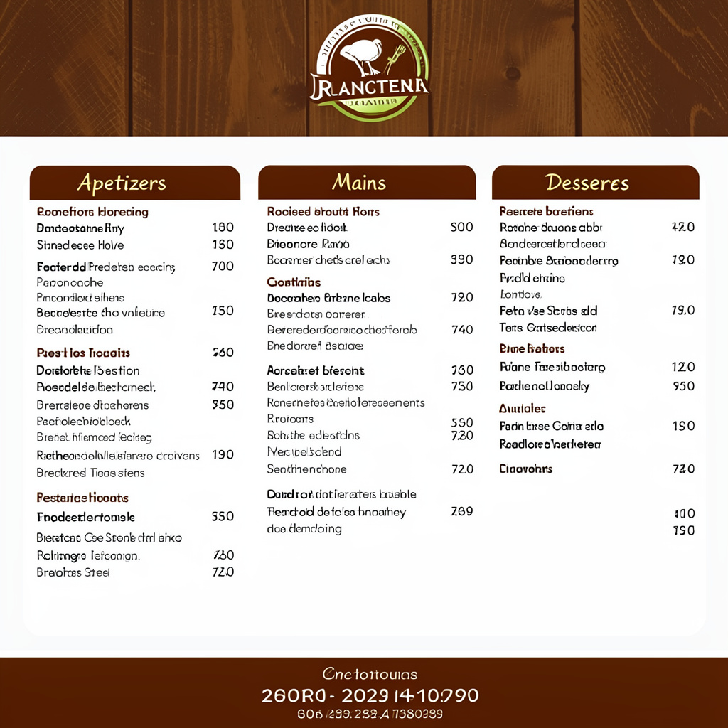 A restaurant menu layout with a logo header, three category 