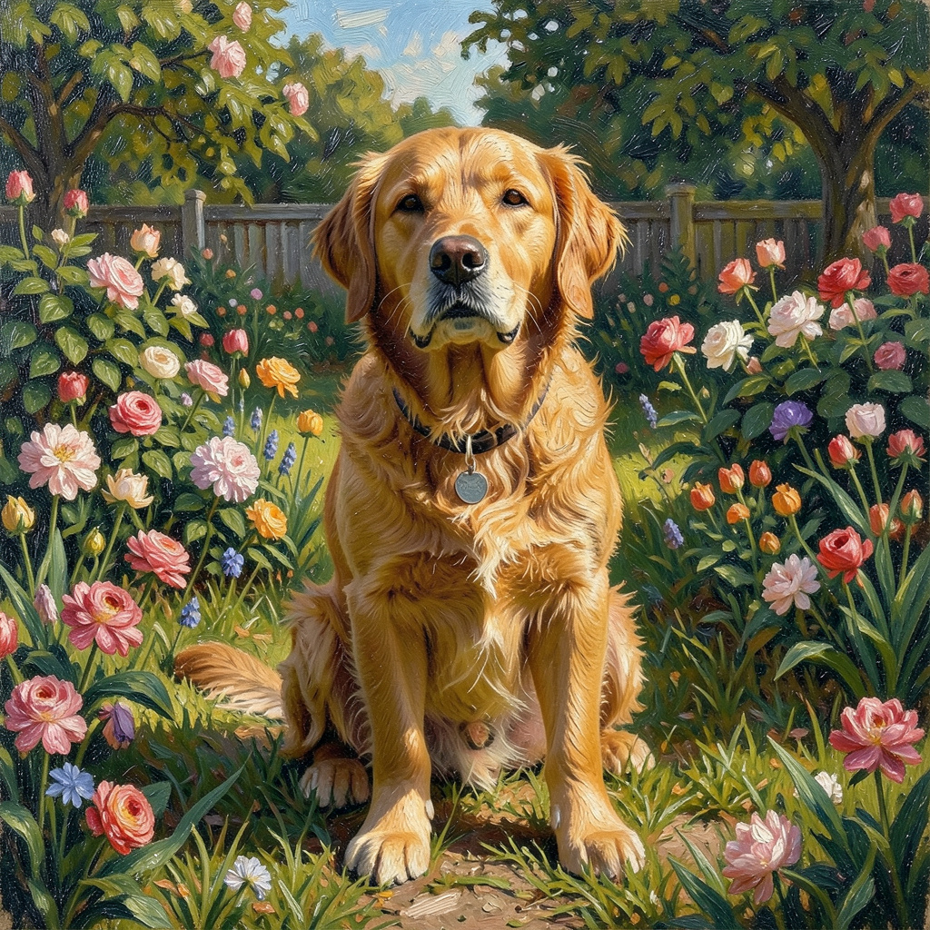 A golden retriever sitting in a garden, painted in the style