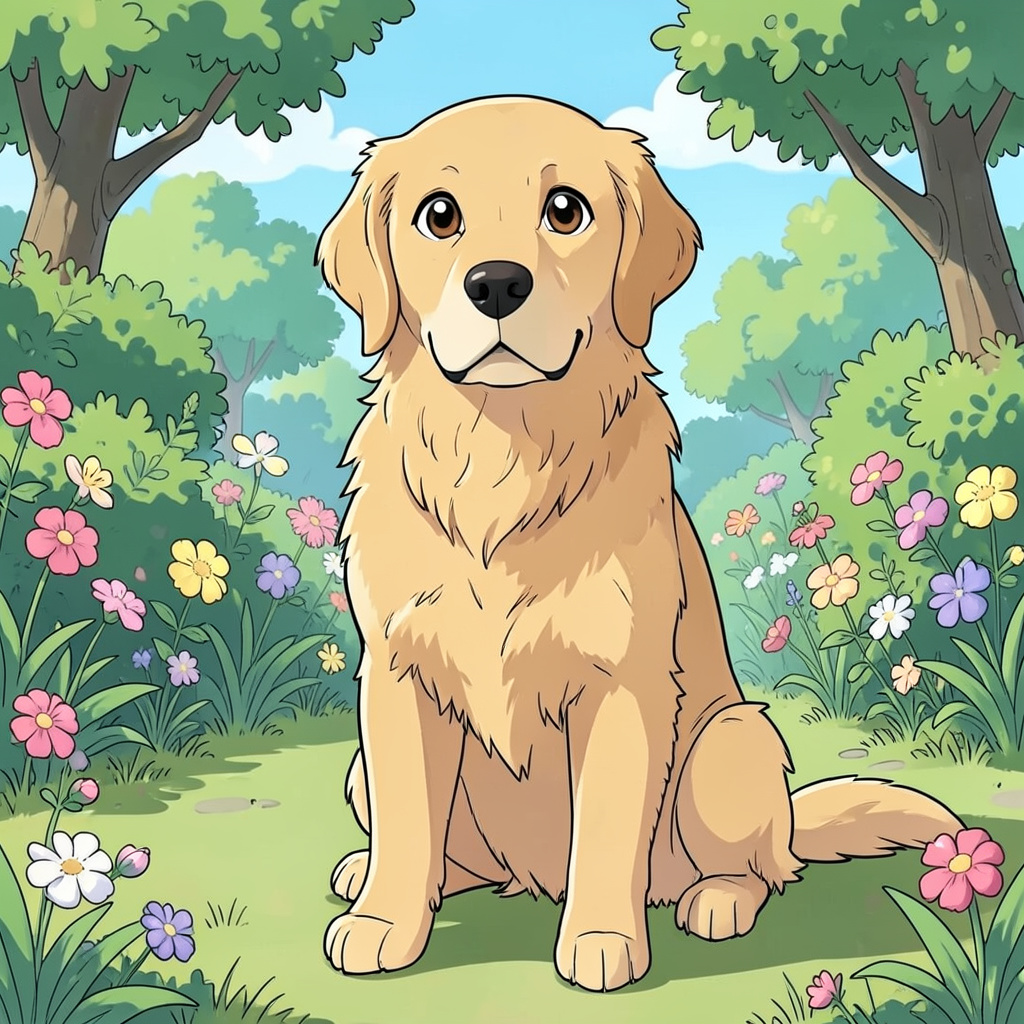 A golden retriever sitting in a garden, rendered in Japanese