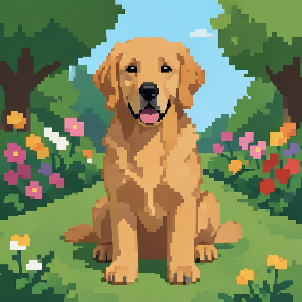 A golden retriever sitting in a garden, rendered in pixel ar