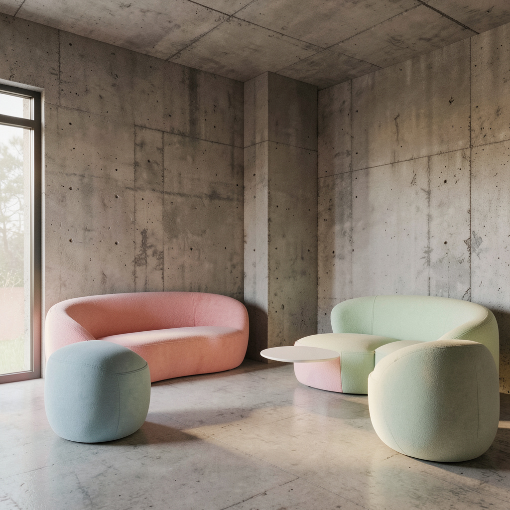 An interior scene rendered in soft brutalism — raw concrete 