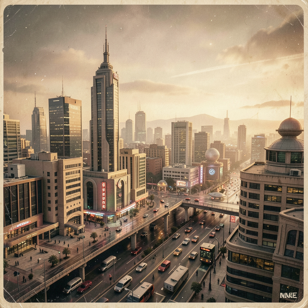 A cityscape rendered in nostalgic futurism — retro-futuristi
