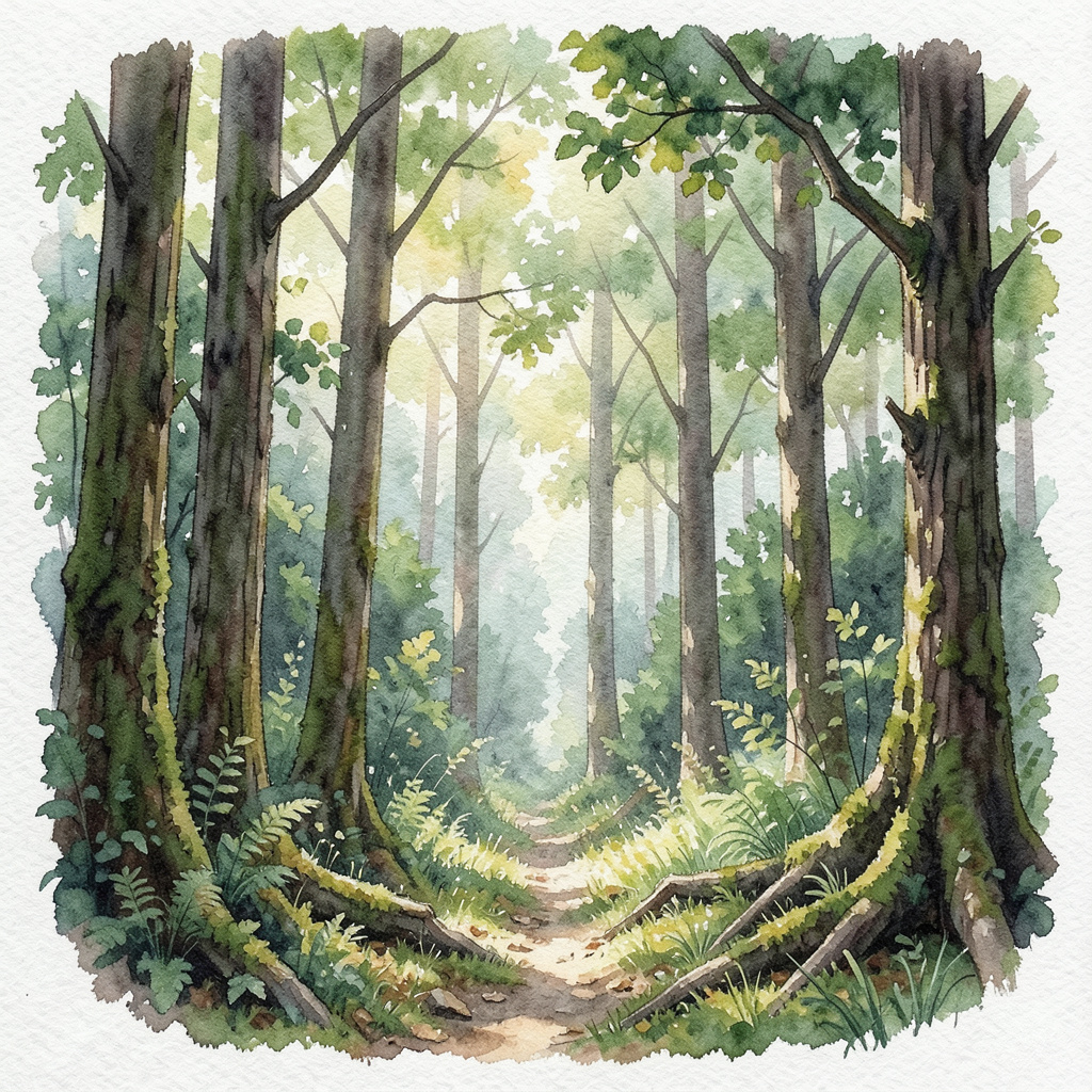 A forest rendered in photorealistic watercolor — the detail 