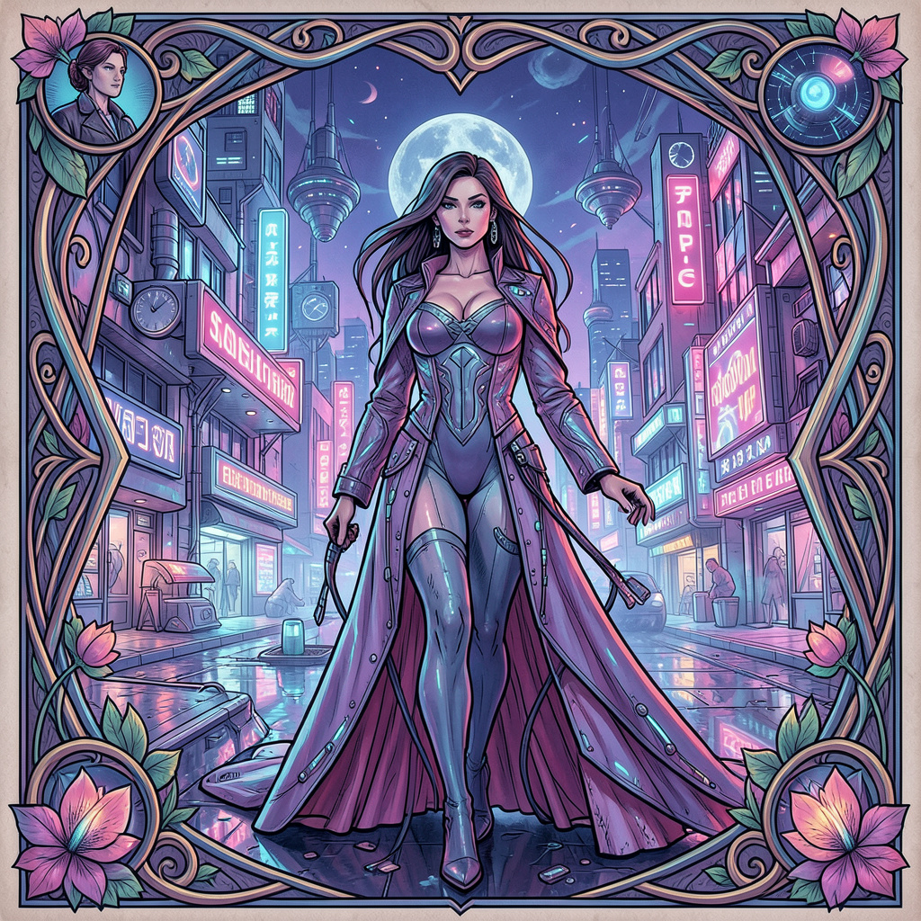 A woman in a futuristic city rendered in cyberpunk Art Nouve