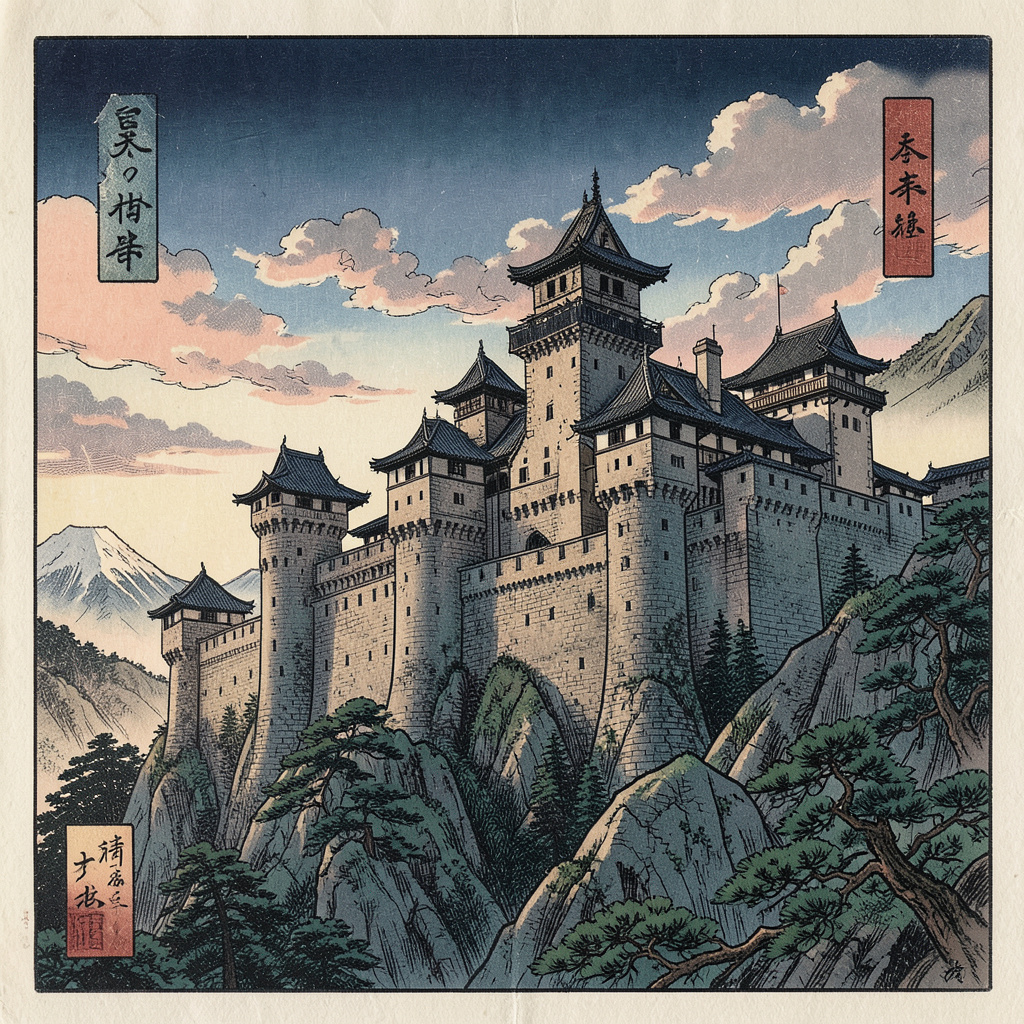 A medieval castle depicted in Japanese ukiyo-e woodblock pri