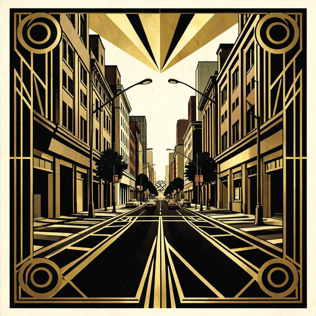 A city street scene in the style of Art Deco — geometric sha