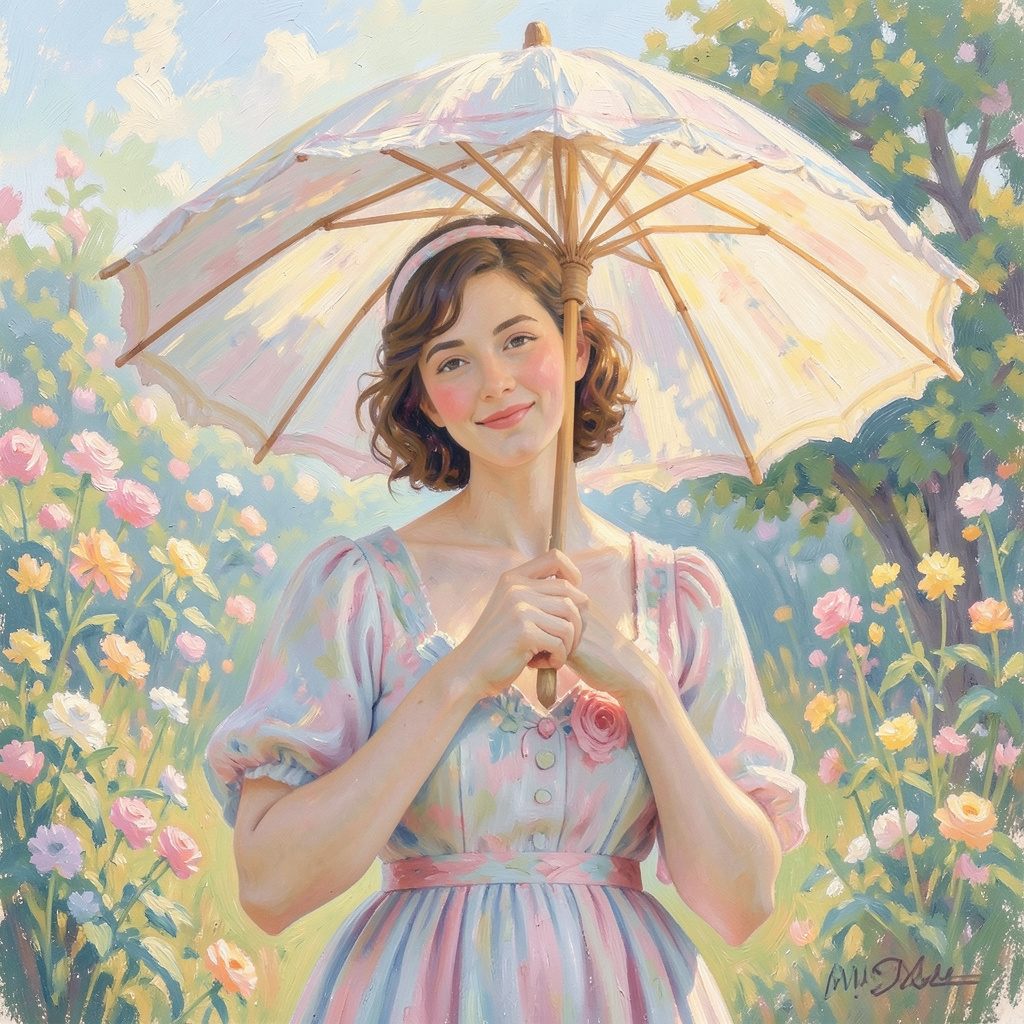 A woman with a parasol in the style of Impressionism — soft 