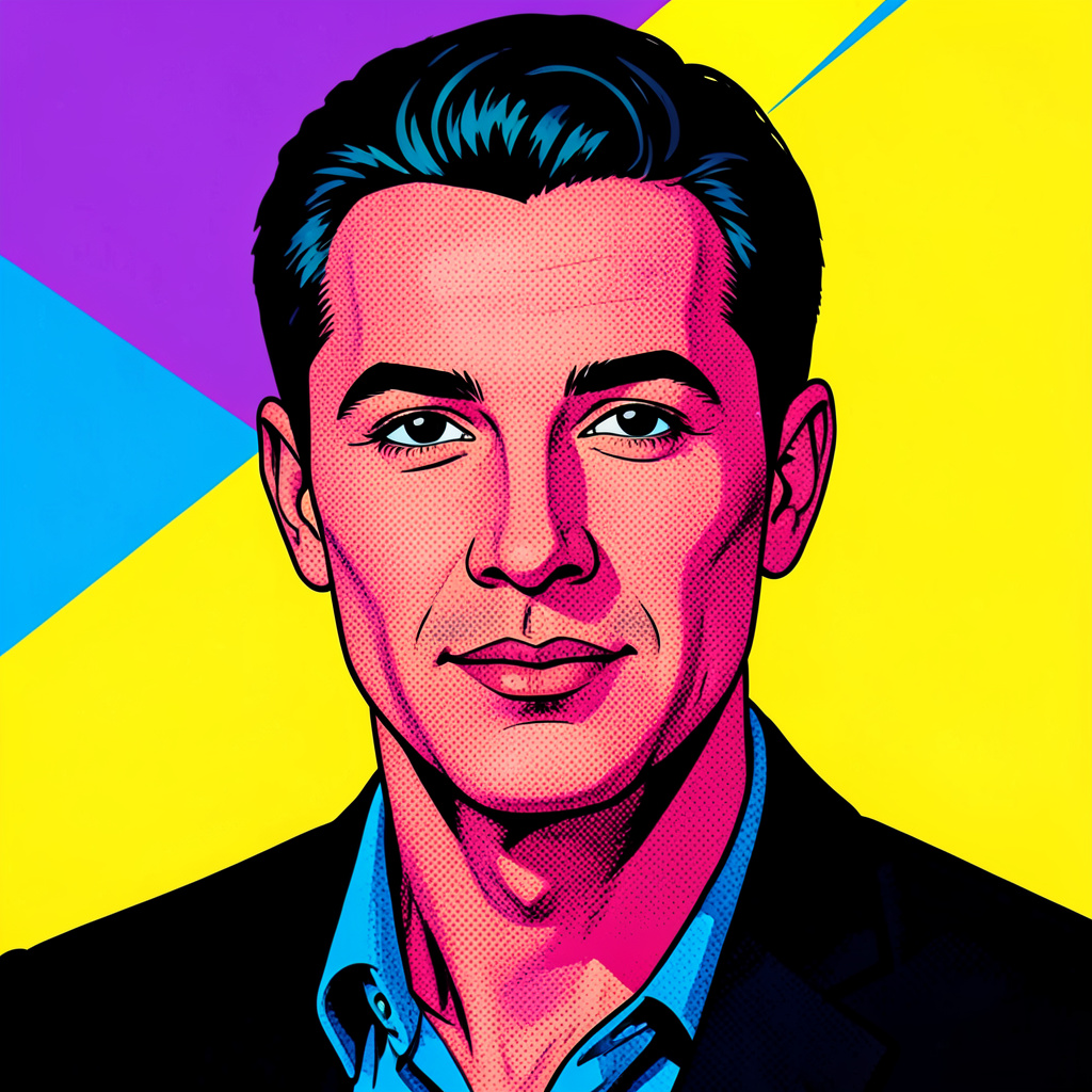 A portrait of a man in Pop Art style — bold outlines, Ben-Da