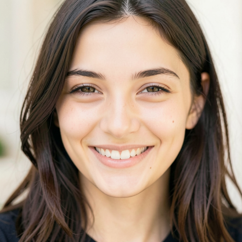 A close-up portrait of a young woman with a warm natural smi