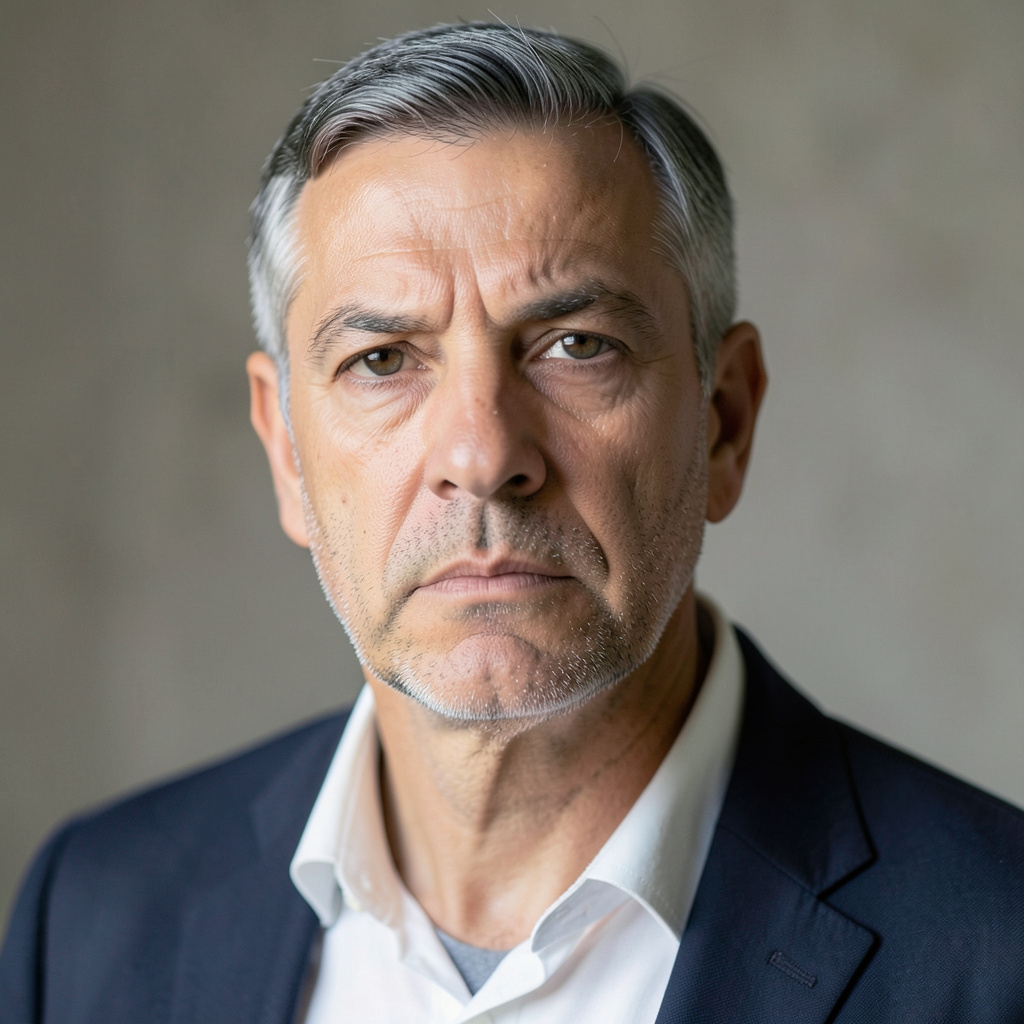 A portrait of a middle-aged man with a calm, serious express