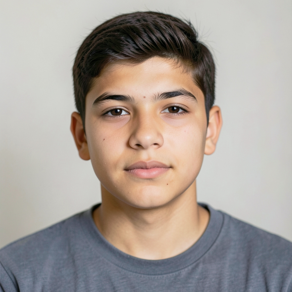 A headshot of a teenager with a relaxed, neutral face