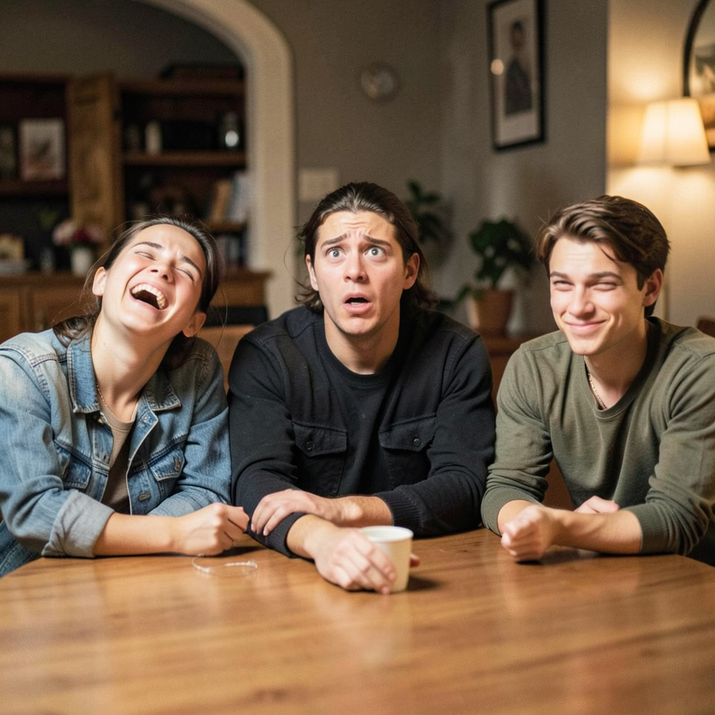 A group of three friends at a table: one laughing with head 