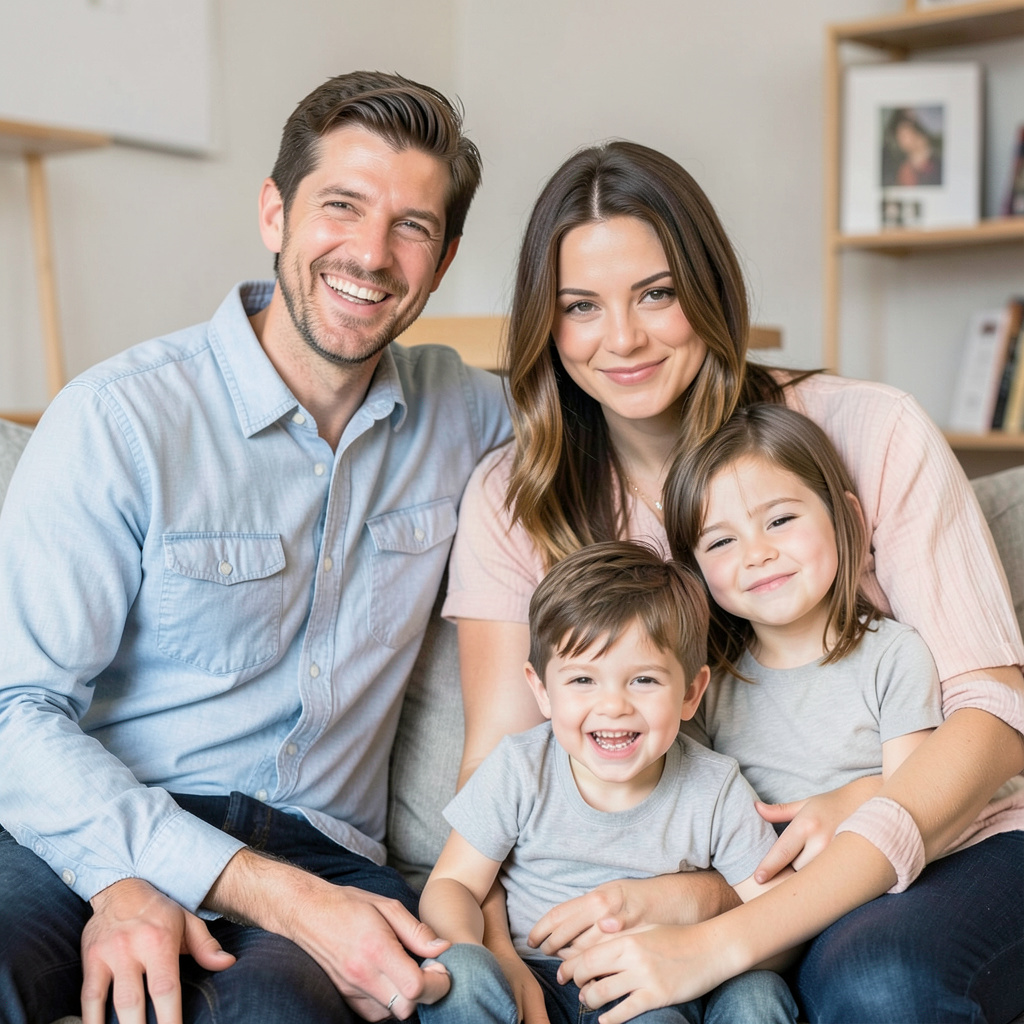 A family photo with four people: a father beaming with pride