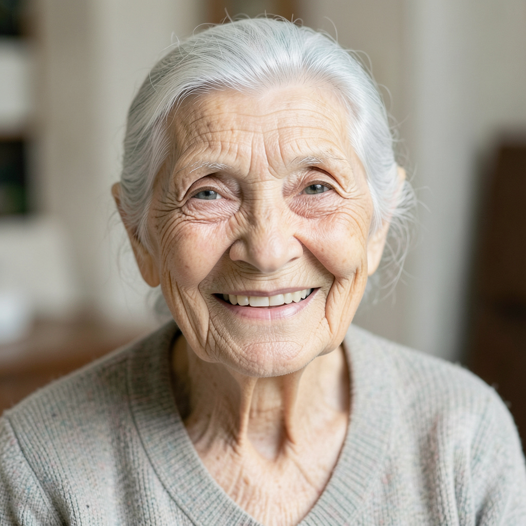 An elderly woman in her 80s with deep wrinkles and white hai