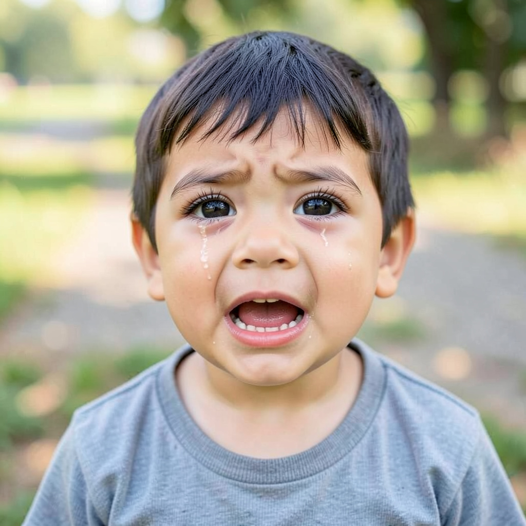 A 5-year-old child with round cheeks and large eyes, crying 