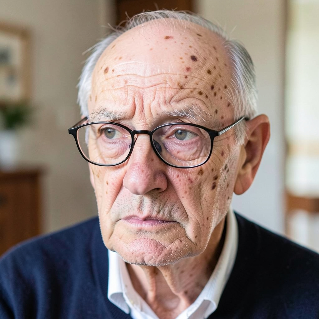 An elderly man in his 70s with age spots and thinning gray h