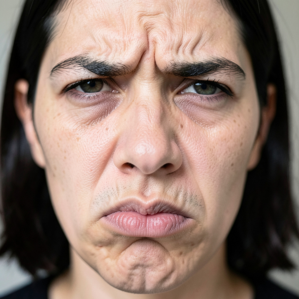 A close-up of a person's face showing clear disgust, nose wr
