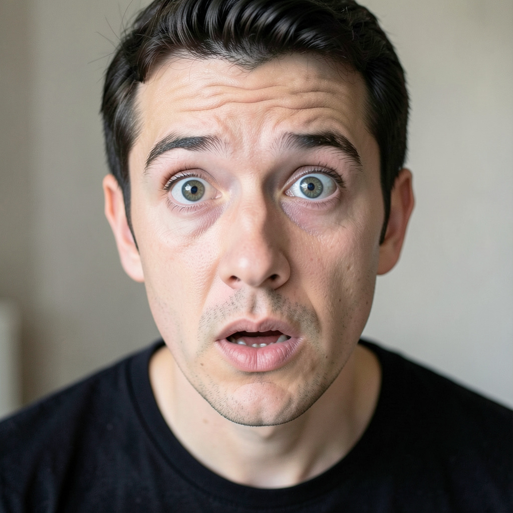A portrait capturing genuine surprise — raised eyebrows, wid
