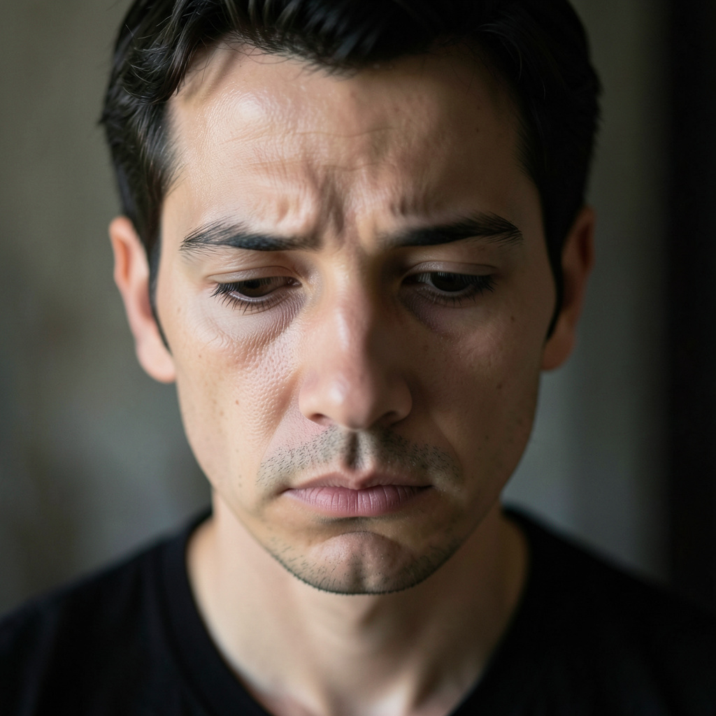 A face showing quiet melancholy — downcast eyes, slightly dr