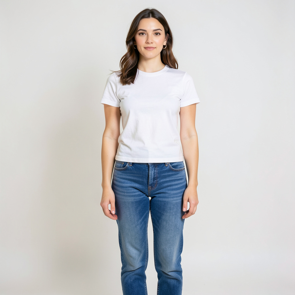 A woman standing upright in a relaxed pose, arms at her side