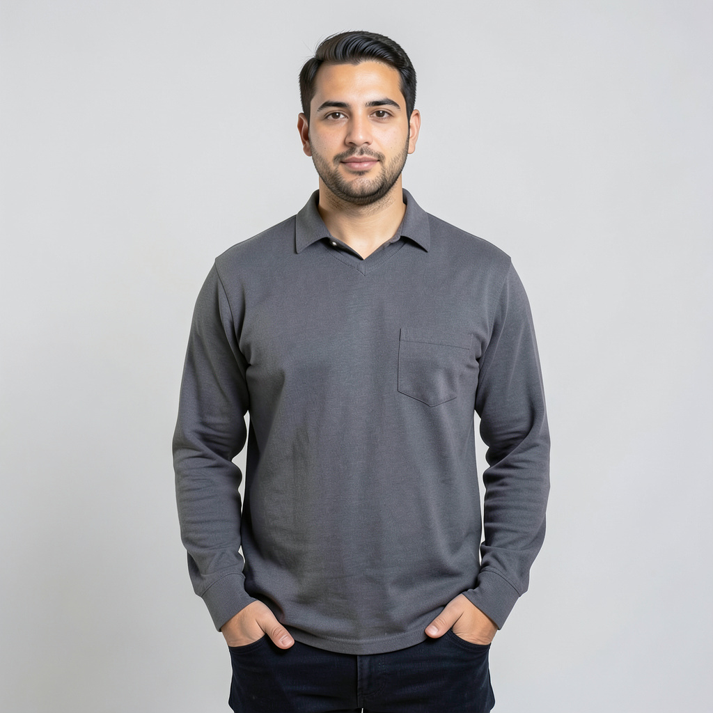 A man standing straight facing the camera, hands in pockets,