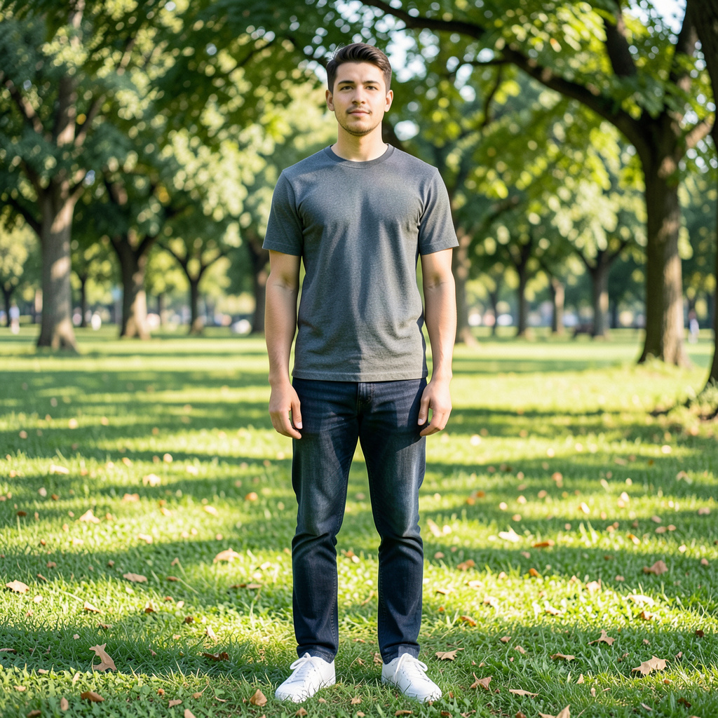 A person standing in a neutral pose in a park, full body vis