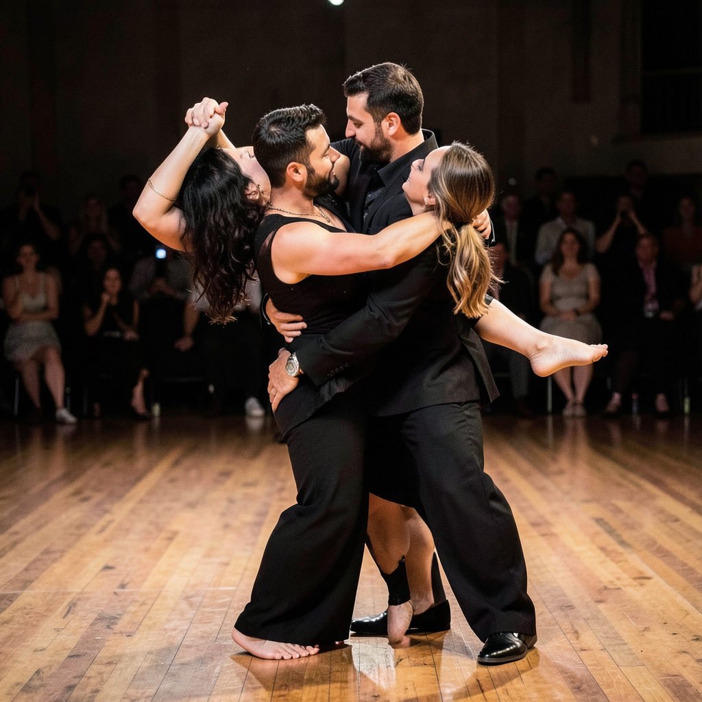 Two tango dancers in a close embrace, the man dipping the wo