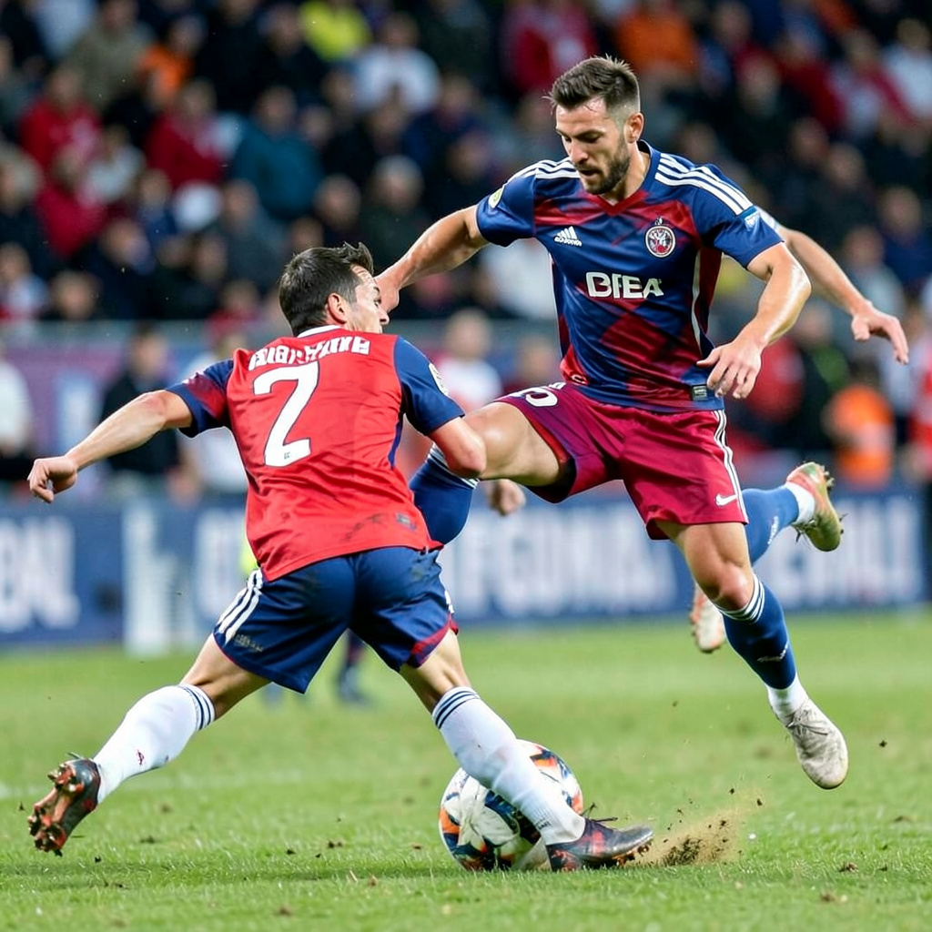 Two soccer players mid-tackle, one sliding and the other jum