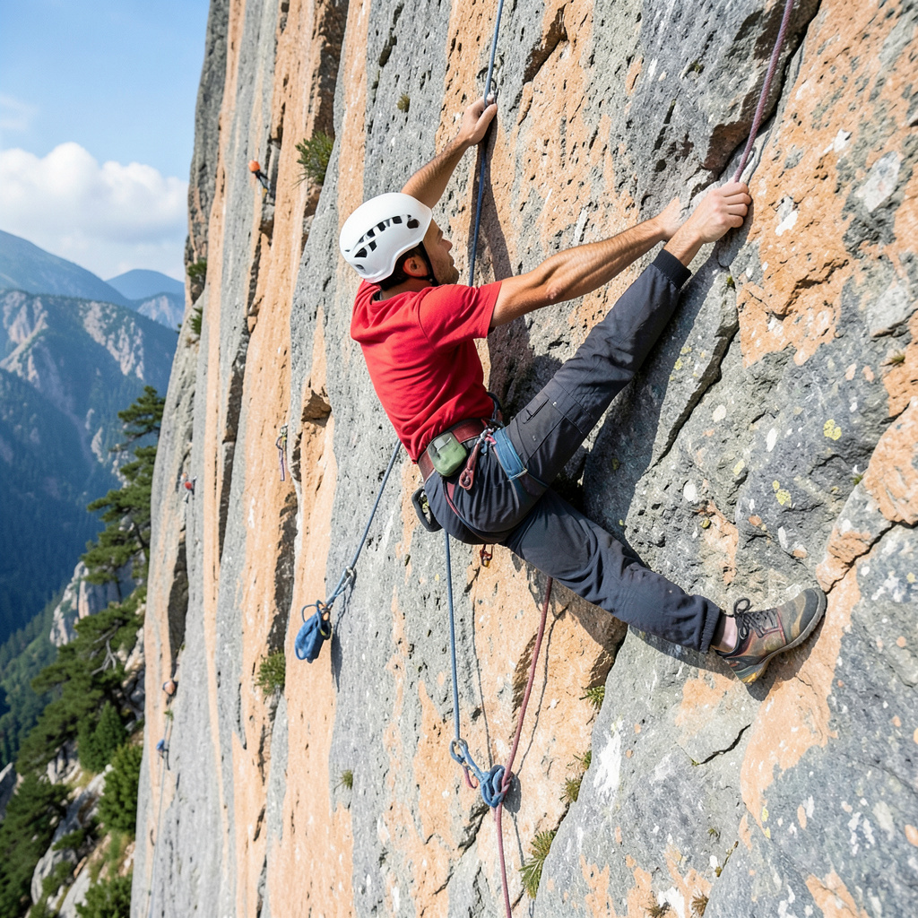 A rock climber clinging to a cliff face with arms and legs e
