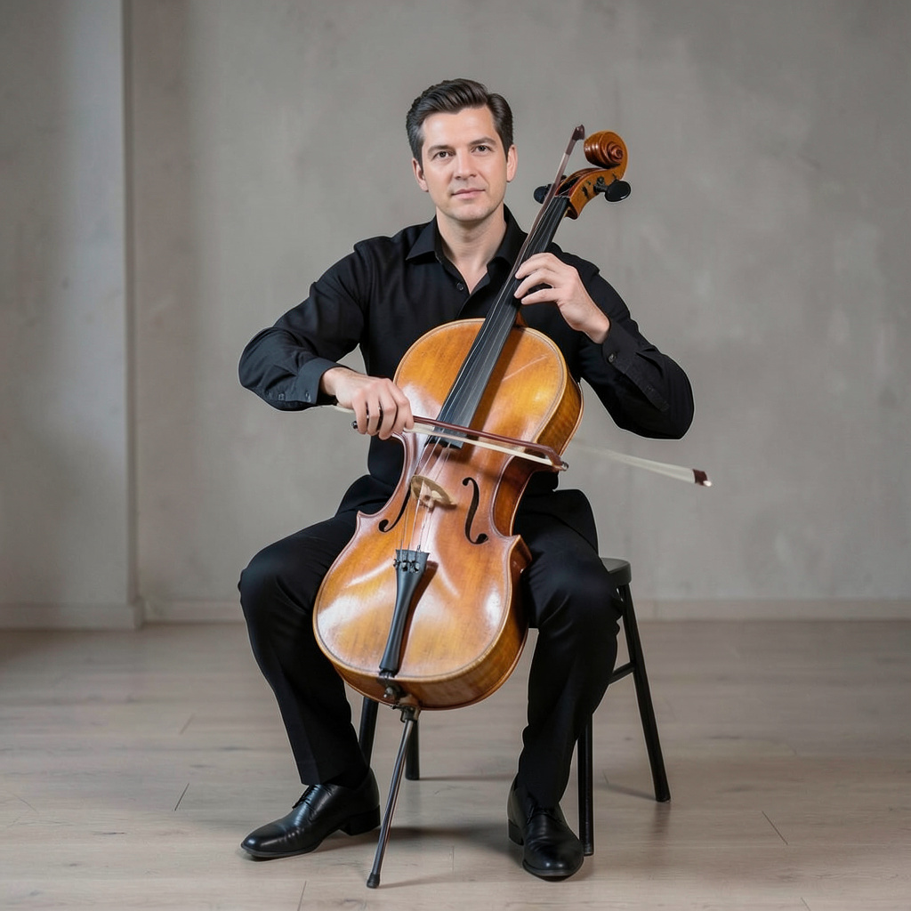 A cellist seated with correct posture, legs around the instr