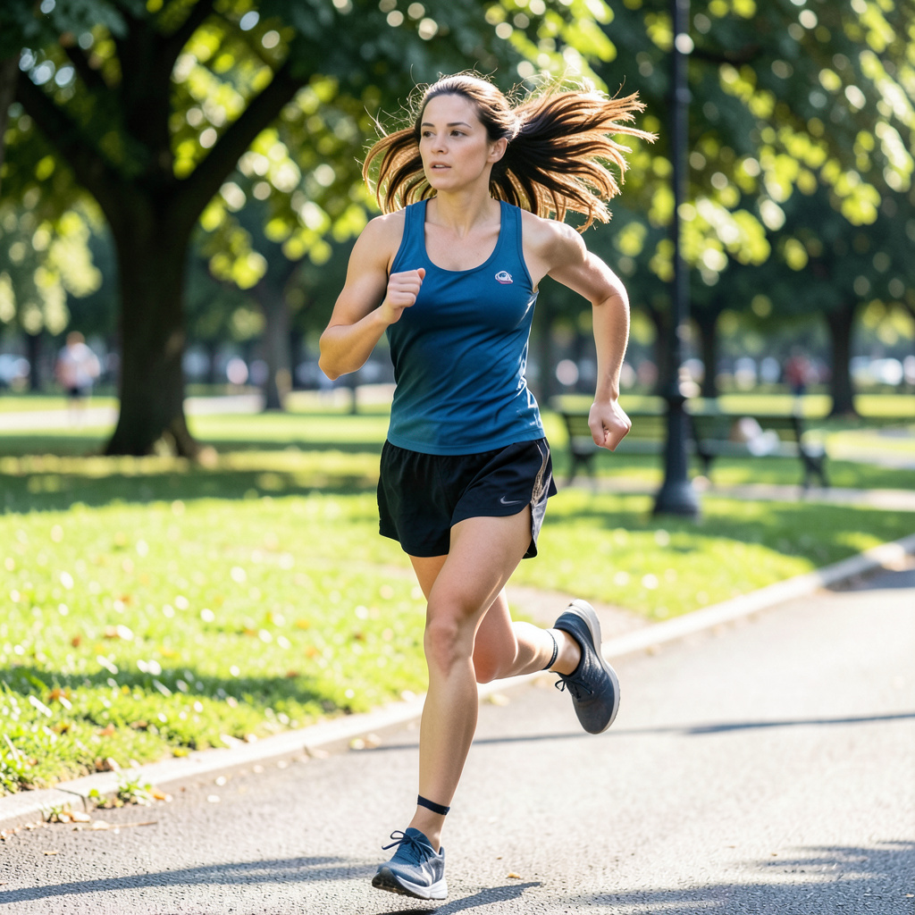 A woman mid-stride running through a park, hair and clothes 