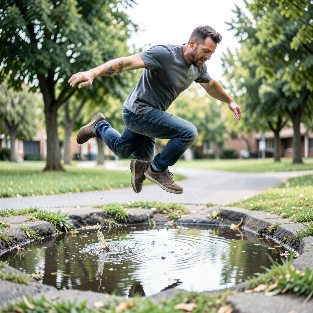 A man captured mid-jump over a puddle, body in the air with 