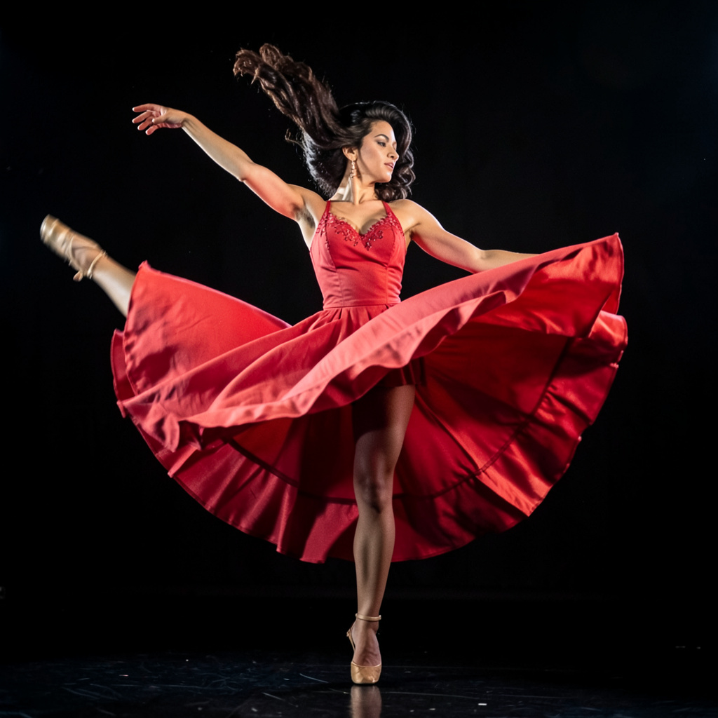 A dancer in a dynamic spin, dress flowing outward with one l