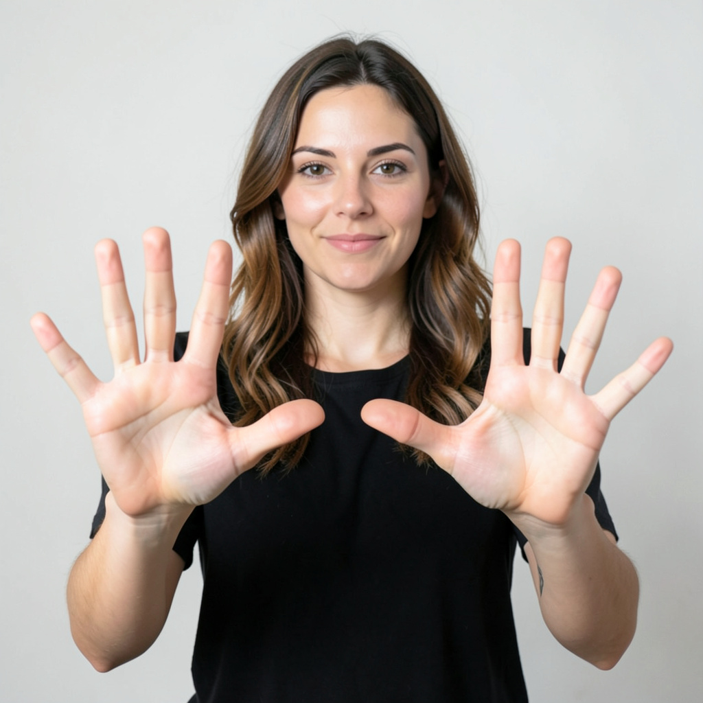 A woman holding her hands out in front of her palms-up, all 