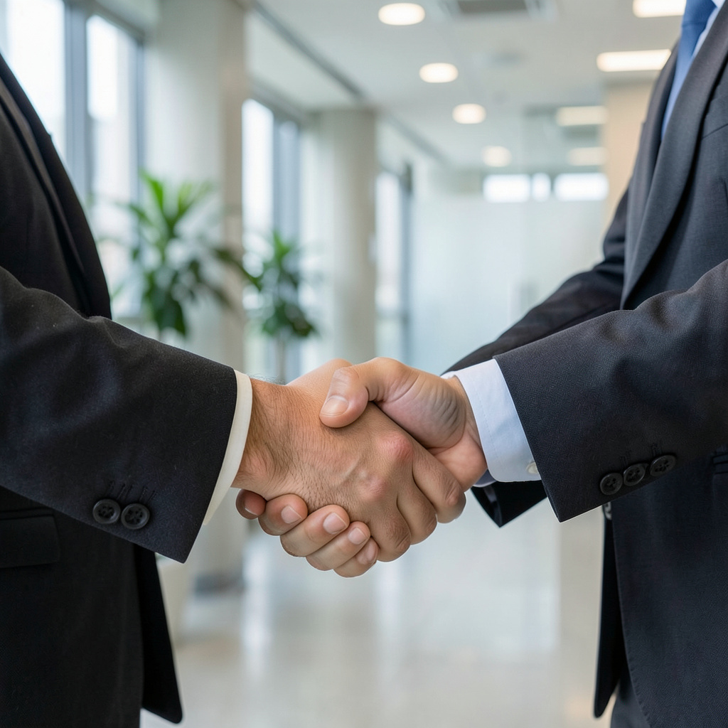 Two people shaking hands in a professional setting, all fing