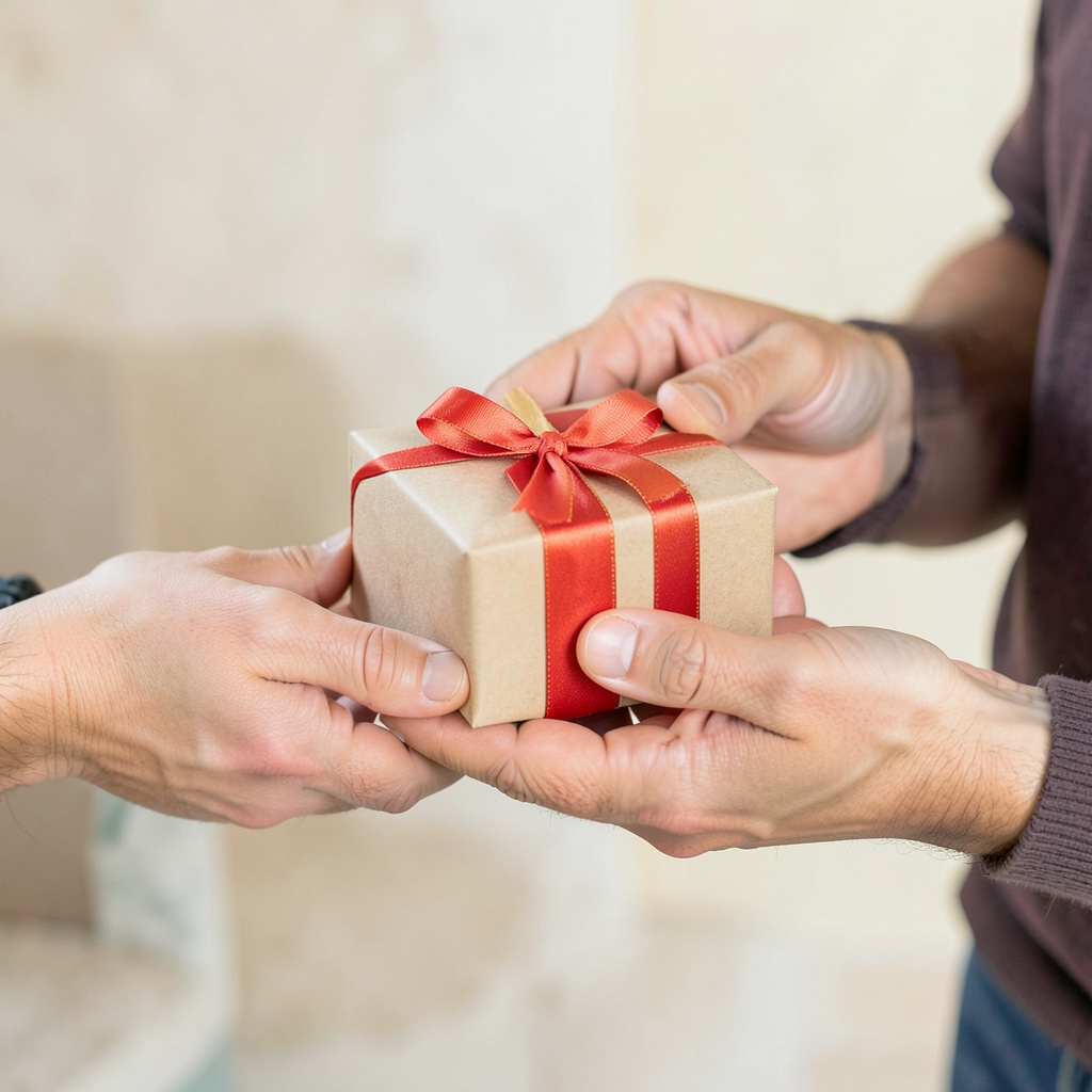 One person handing a small gift box to another person, both 