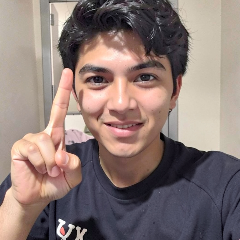 A person making a peace sign with their right hand, clearly 