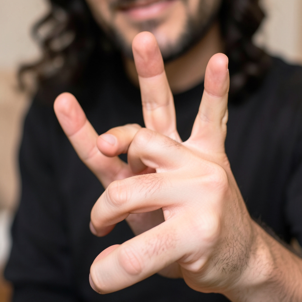 A person counting to three on their fingers, with index, mid