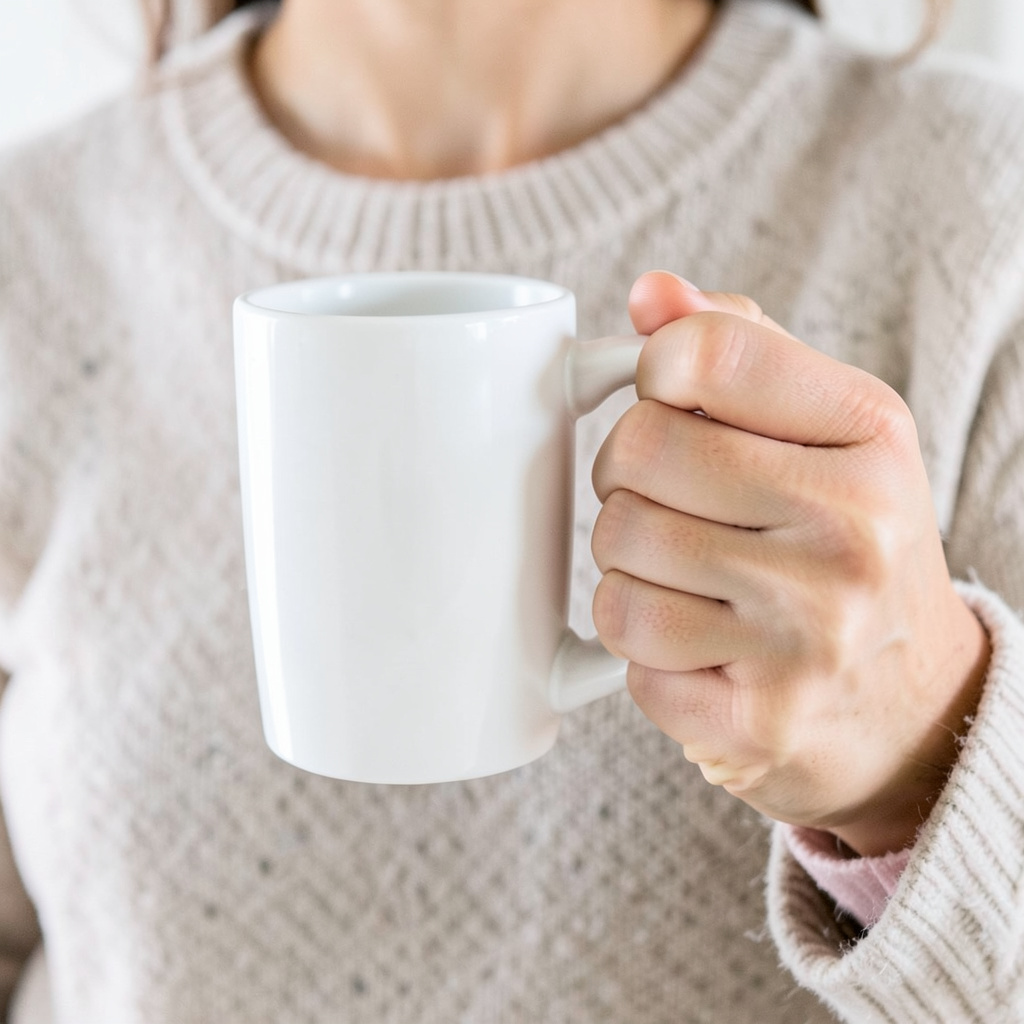 A person holding a white ceramic coffee mug by the handle wi