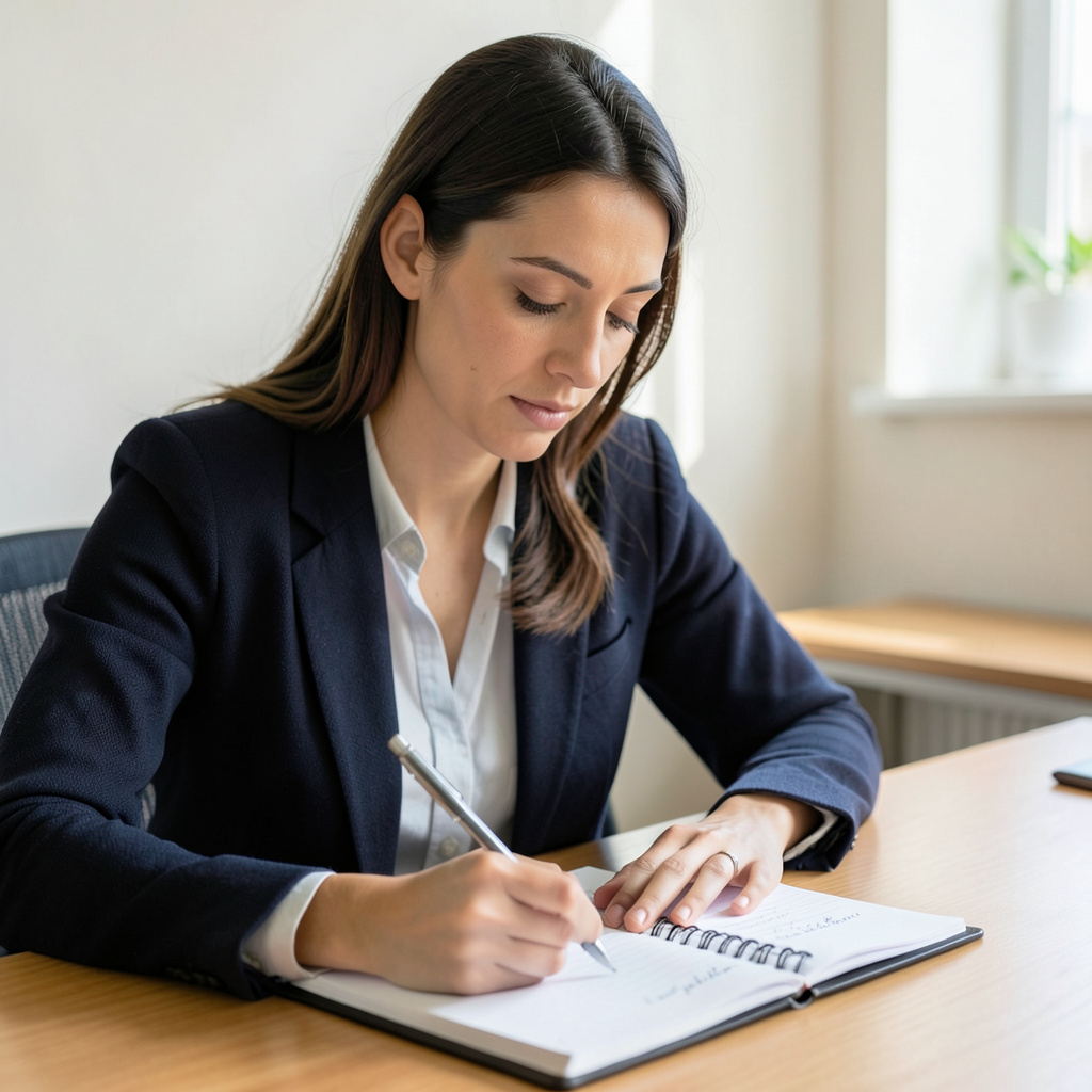 A woman writing in a notebook with a pen gripped correctly i