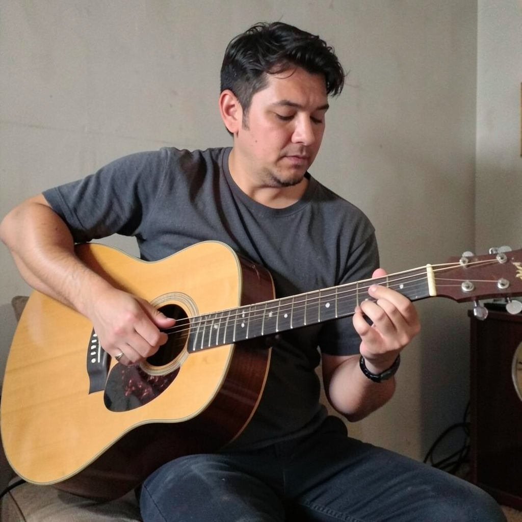 A person playing an acoustic guitar with left hand on the fr