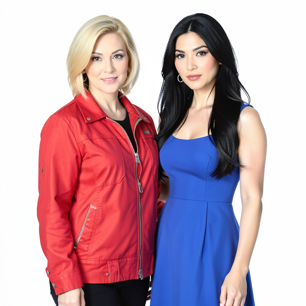 Two women standing side by side: one with short blonde hair 