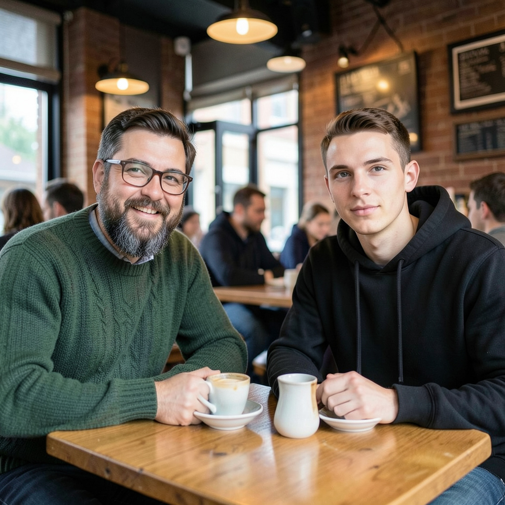 Two men at a cafe: one with a beard and glasses wearing a gr