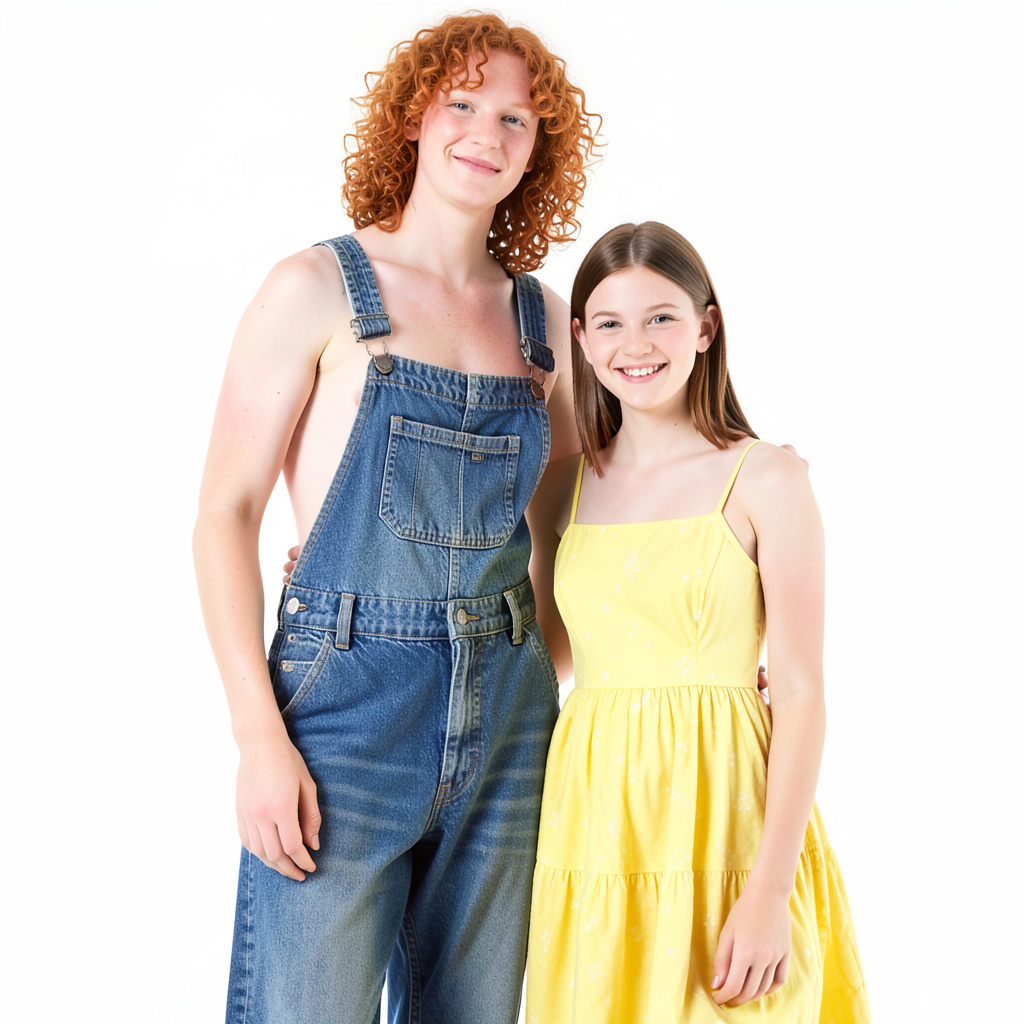 Two friends posing: one tall with curly red hair in denim ov