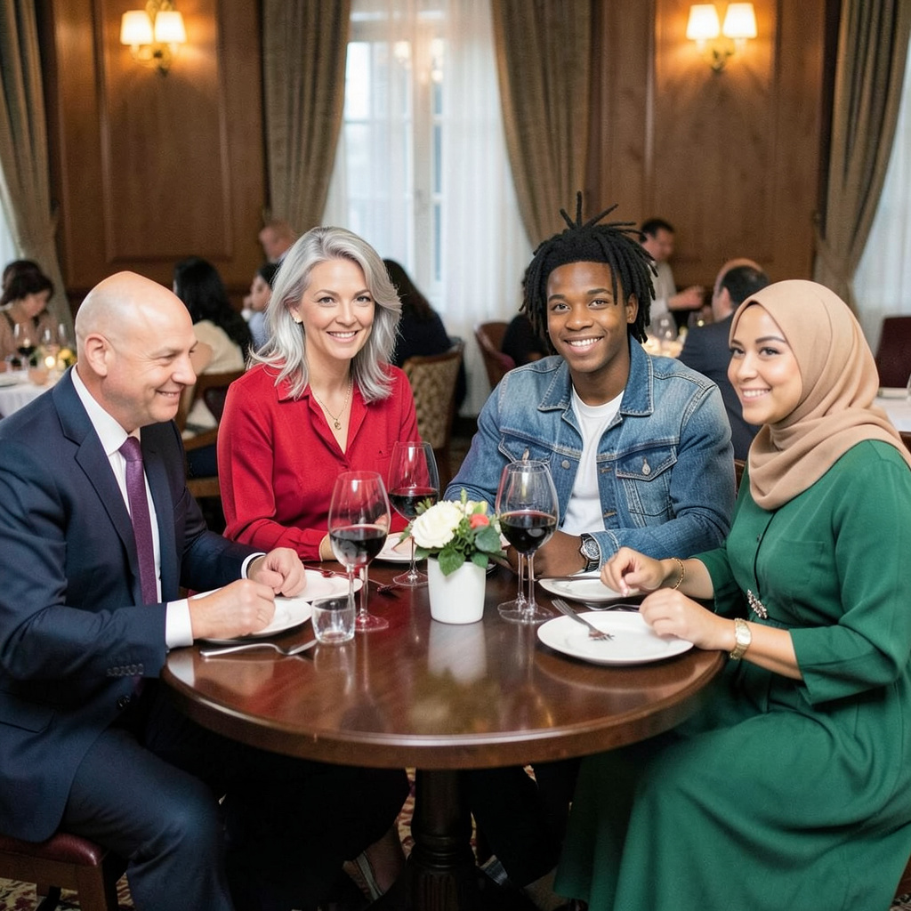 Four people at a dinner table: a bald man in a suit, a woman