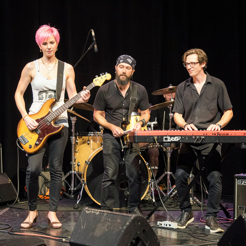 Three musicians on stage: a tall woman with short pink hair 